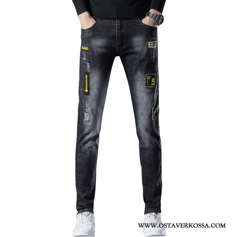 Farkut Miesten Slim Fit Skinny Musta 2020 Casual Reikä Uusi Mustat