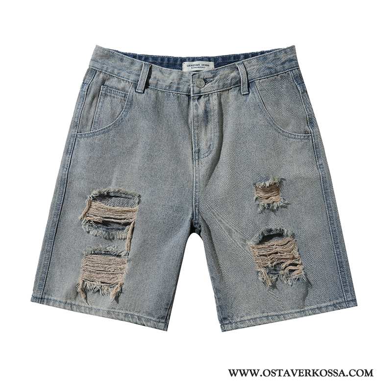 Farkut Miesten Suorat Denim Vintage Trendi Miehet Shortsit Sininen Reikä Uusi